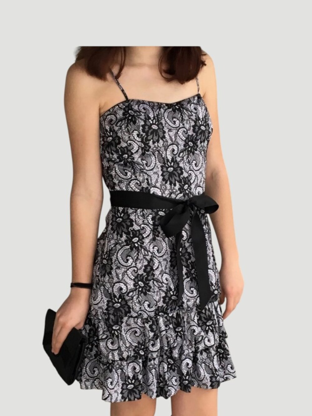 Vintage Y2K Black White Satin Lace Print Party Dress Bow Mini Slip 4-6